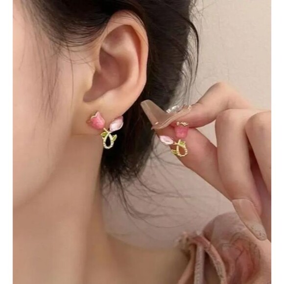 Pink Enamel Tulip Flower Stud Earrings Rhinestones Women - Picture 7 of 8